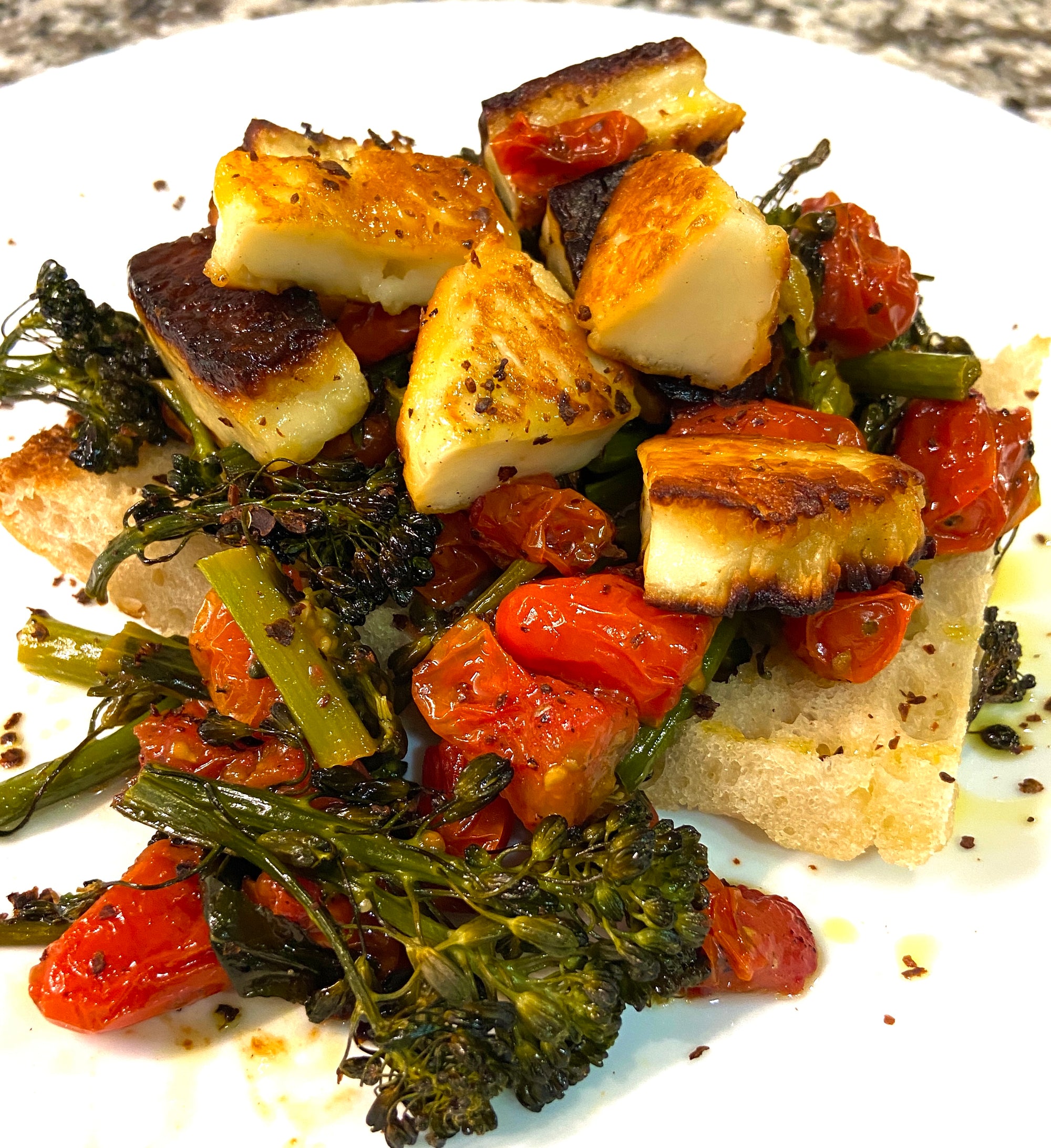 Pan Fried Halloumi with Broccolini and Tomatoes
