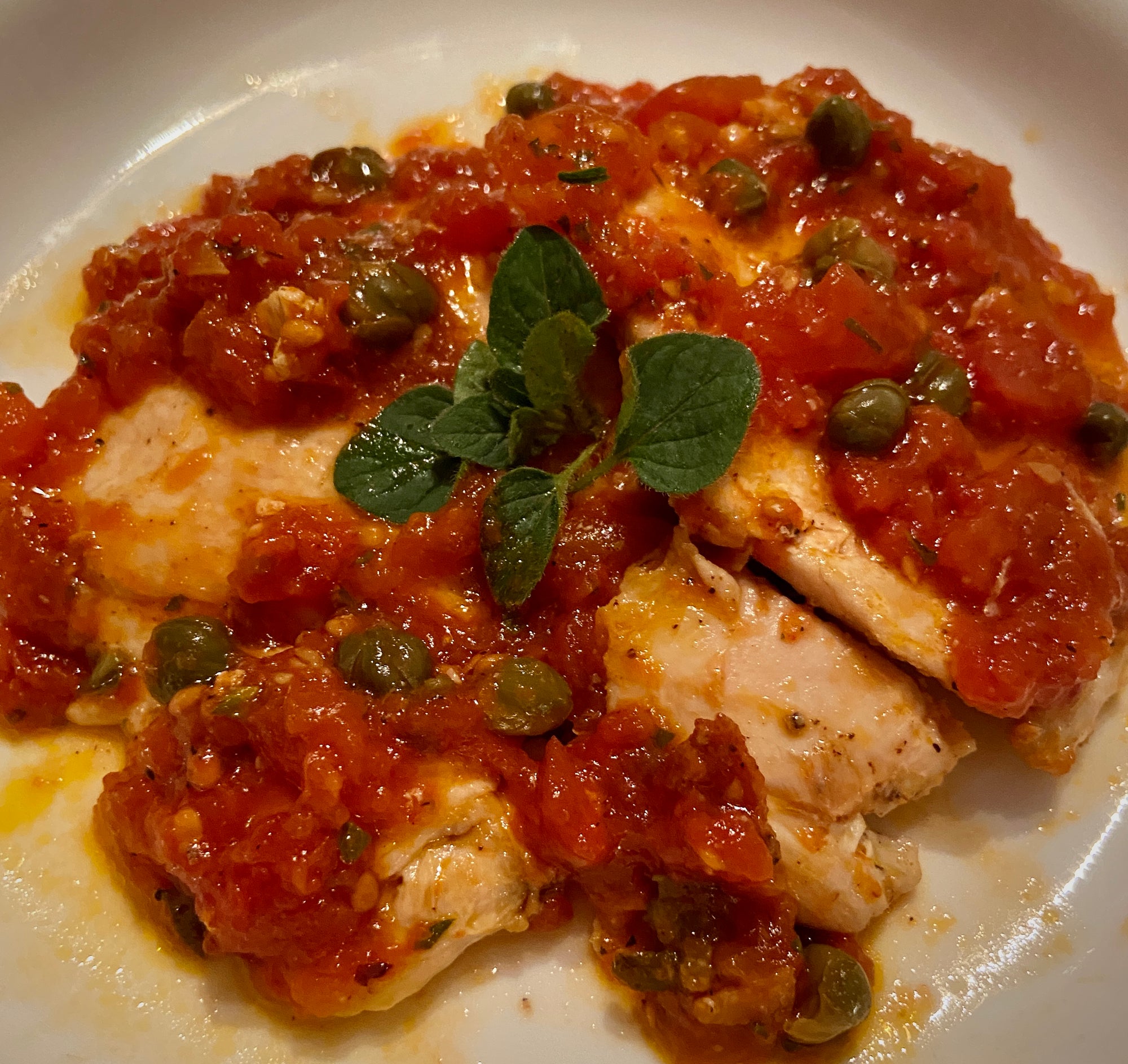 Chicken Scaloppine in Tomato Caper Sauce